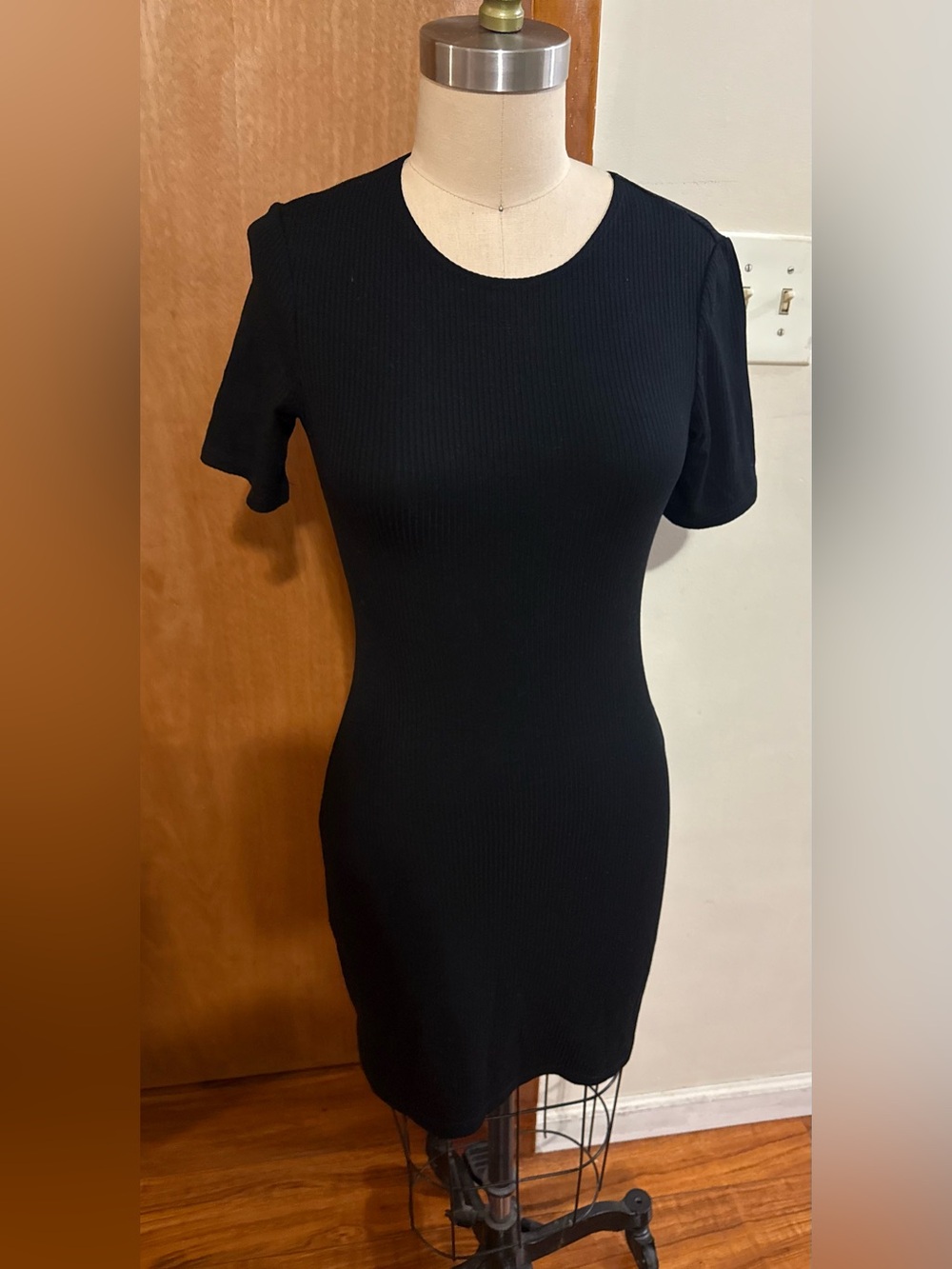 Reformation Black Ribbed Short Sleeve Midi Bodycon Dress